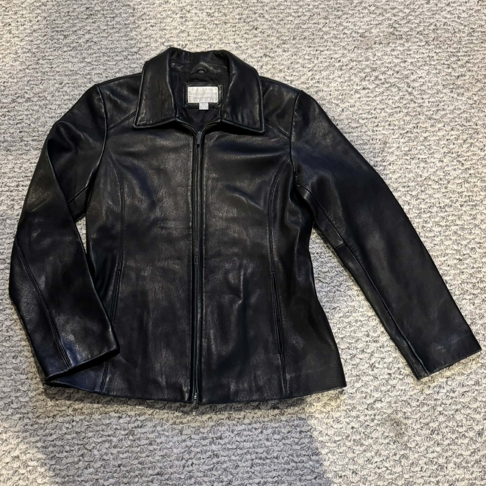 Worthington Genuine Lambskin Black Leather Coat Women's Small S Classic Fitted